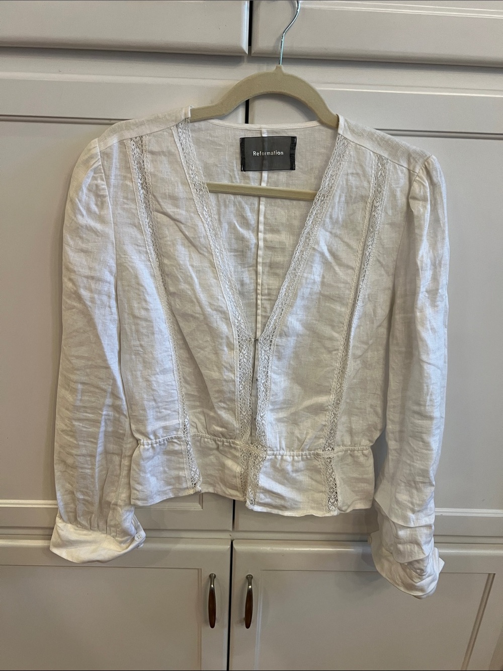 Reformation Cream Linen Peplum V-Neck Blouse